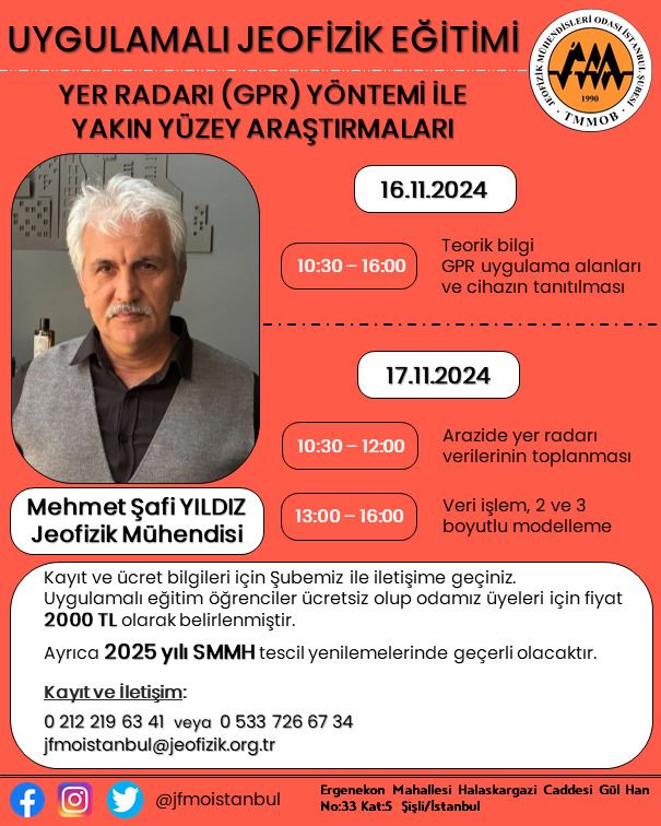 UYGULAMALI JEOFİZİK EĞİTİMİ: YER RADARI (GPR) YÖNTEMİ, 16-17 KASIM 2024, İSTANBUL